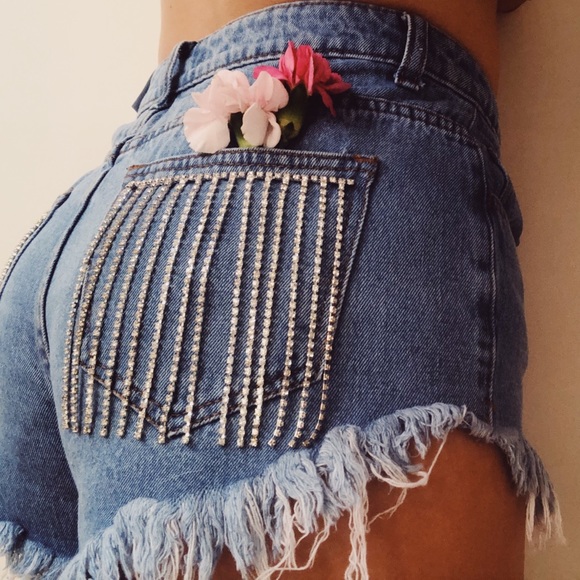 denim shorts with diamond fringe
